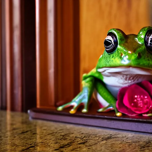 Image similar to a small frog standing on two feet at the hotel reception entry, storybook style