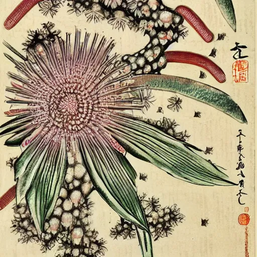 Prompt: ancient japanese scroll, ink drawing, colorful, seed growing into plant ernst haeckel