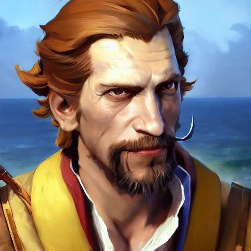 Image similar to greg manchess portrait painting of partially armored undead pirate captain guybrush threepwood as overwatch character, medium shot, asymmetrical, profile picture, organic painting, sunny day, matte painting, bold shapes, hard edges, street art, trending on artstation, by huang guangjian, gil elvgren, ruan jia, greg rutkowski, gaston bussiere