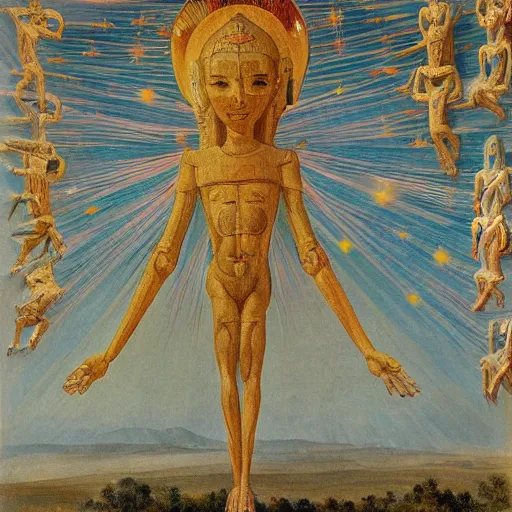 Prompt: painting of a humanoid being of pure light soaring through the firmament, surrounded by holy glyphs, detailed