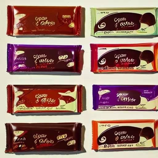 Image similar to chocolate candy bar packaging, 7 0 s style, very appealing, marketing photo