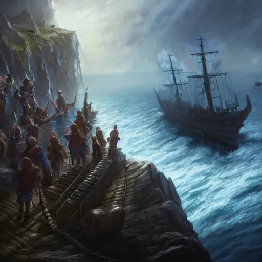 Image similar to D&D adventuring party facing away on cliff overlooking half-sunk realistic ship, naval background, portrait, magic the gathering artwork, D&D, fantasy, cinematic lighting, centered, symmetrical, highly detailed, digital painting, artstation, concept art, smooth, sharp focus, illustration, volumetric lighting, epic Composition, 8k, art by Akihiko Yoshida and Greg Rutkowski and Craig Mullins, oil painting, cgsociety