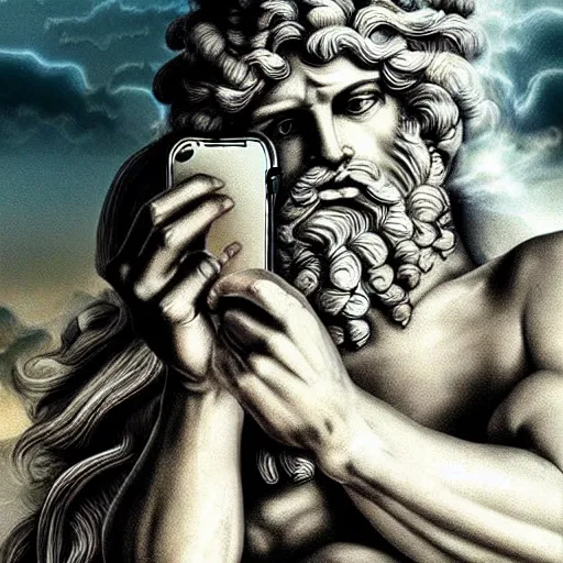 Image similar to an Ancient Greek god using an iPhone, epic, art, hyper detailed, cinematic, ethereal