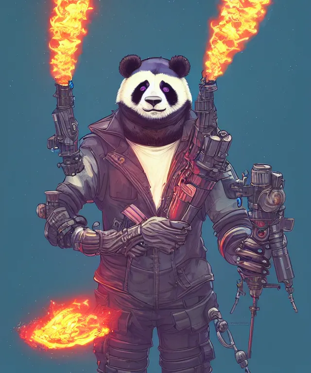 Image similar to a portrait of a cyberpunk panda holding two flamethrowers, fantasy, elegant, digital painting, artstation, concept art, matte, sharp focus, illustration, art by josan gonzalez