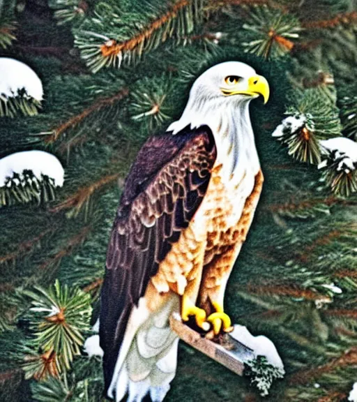 Image similar to damaged postcard of 'an eagle in the nest of a snowy pine tree' laying on table, zoomed out shot