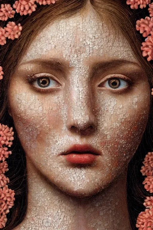 Prompt: hyperrealism close - up mythological portrait of a beautiful medieval woman's shattered face partially made of coral color flowers in style of classicism using the fibonacci golden ratio, pale skin, wearing ivory colour dress, dark and dull palette