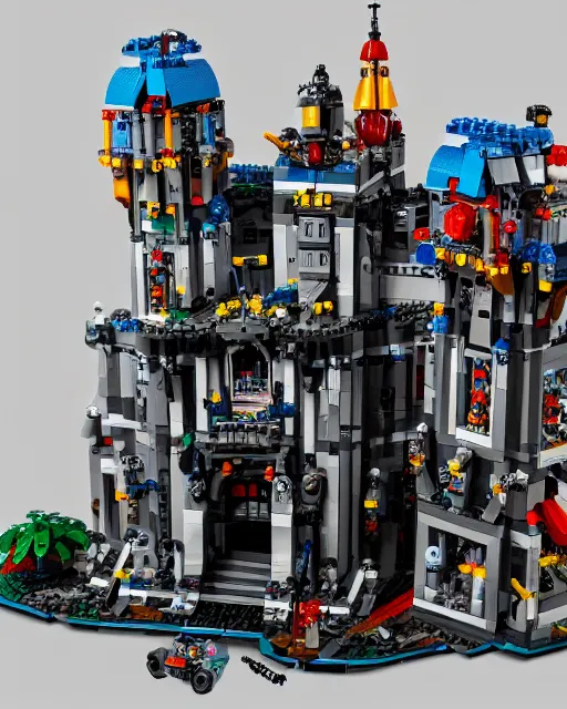 Image similar to a high quality photograph of an intricate complex lego set of a realistic cyberpunk castle