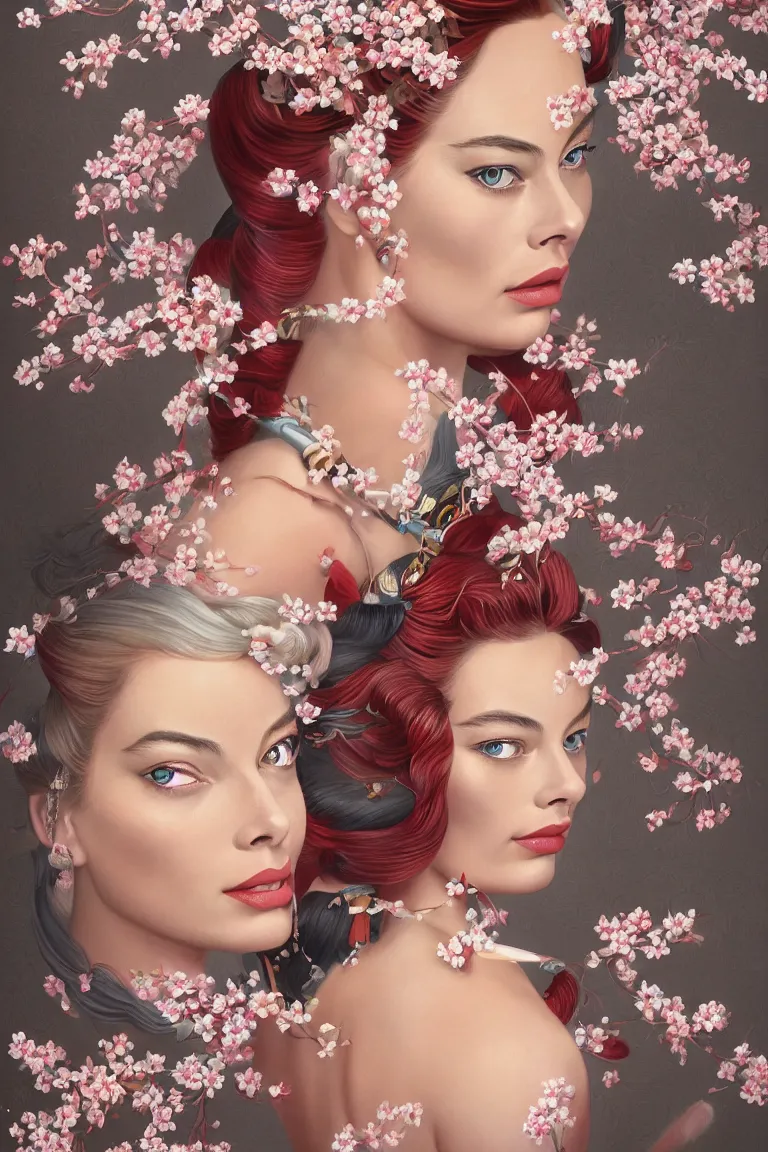 Prompt: a beautiful ultradetailed fine art illustration of margot robbie as a geisha with a hattori hanzo sword by kevin sloan, long wavy hair, surrounded by cherry blossoms, trending in artstation, muted tones