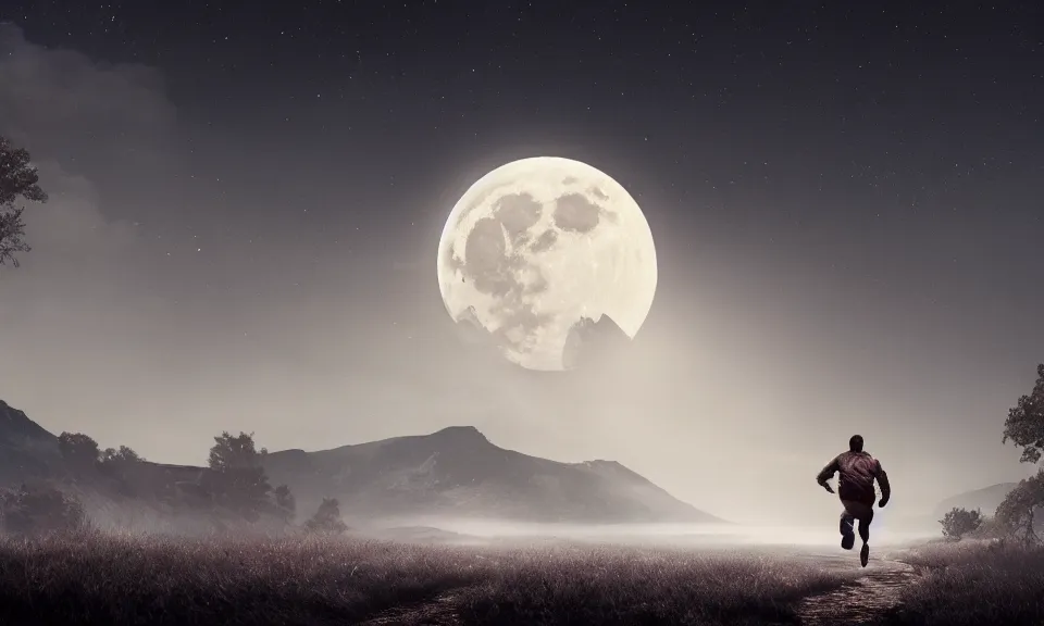 Prompt: a man running alone beneath the gaint moon toward the distant door,featured in artstation, cinematic, elegant, , 8k