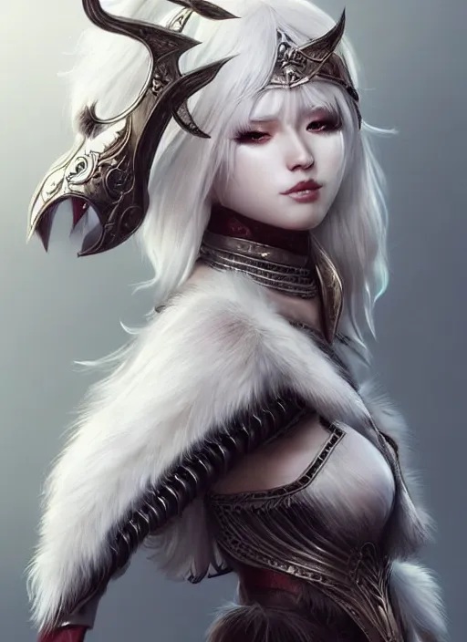 Prompt: warrior, fur - lined armor!!! beautiful and elegant white hair female!! gorgeous ayes!! character concept art, sharp focus, octane render! unreal engine 5! highly rendered!! trending on artstation!! detailed linework!! illustration by artgerm, wlop, and chie yoshii