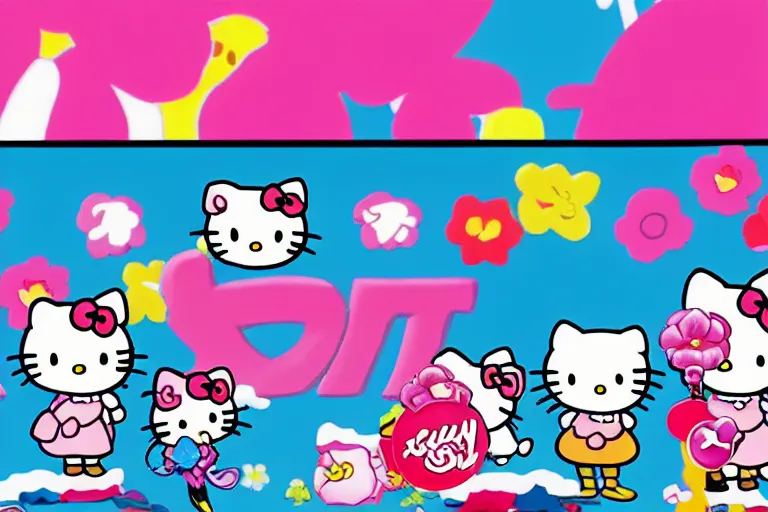 Image similar to animated cartoon film of hello kitty at the gym, big muscles hello kitty by sanrio