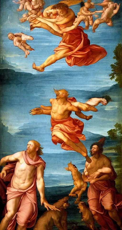 Image similar to renaissance painting of a fire cat god flying over a lake