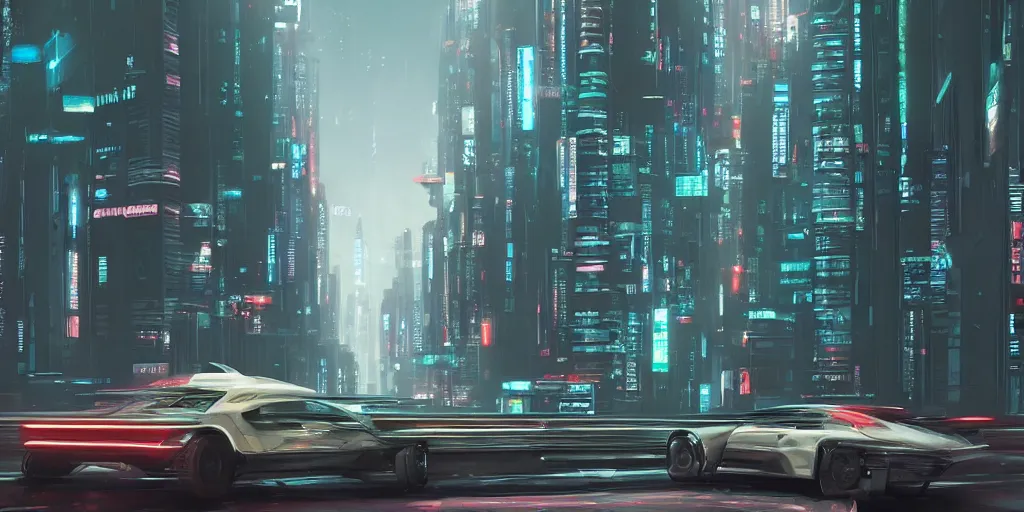 Image similar to a car driving down a street next to tall buildings, cyberpunk art by Vincent Lefevre, cgsociety, retrofuturism, matte painting, reimagined by industrial light and magic