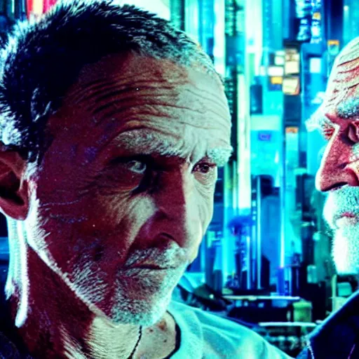 Image similar to cyberpunk buff old man fighting Deadcode humanoid robot Emmanuel Lubezki