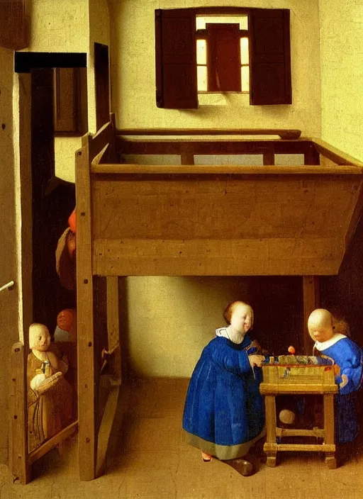 Image similar to cozy children room with toys, there was a crib with very high barred sides against the wall. The boy was holding a toy in his hands, apparently fiddling with it, medieval painting by Jan van Eyck, Johannes Vermeer