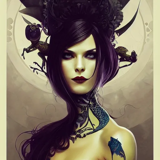 Image similar to attractive goth woman with a frog, intricate, highly detailed, digital painting, artstation, concept art, smooth, sharp focus, illustration, unreal engine 5, 8 k, art by artgerm and greg rutkowski and alphonse mucha