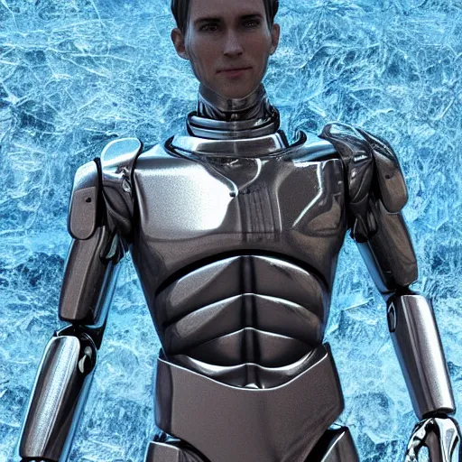 Image similar to made of ice, a realistic detailed photo of a guy who is an attractive humanoid who is half robot and half humanoid, who is a male android, on display, blank stare, showing off his muscles, shiny skin, posing like a statue, by the pool, frozen ice statue, twitch streamer / gamer ludwig, humanoid robot