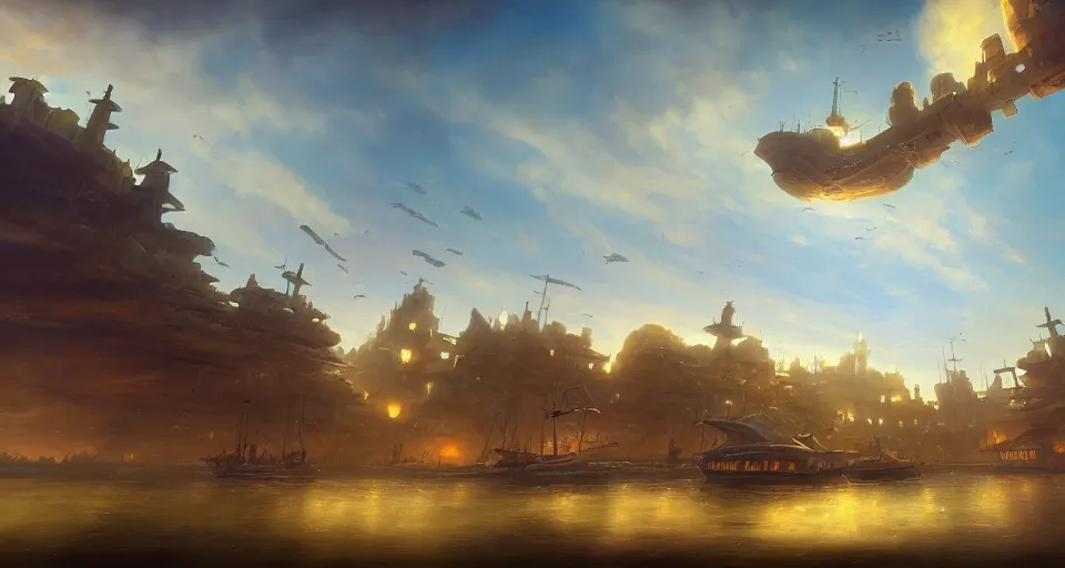 Image similar to landscape an floating town in the sky and an sky - ship flying towards it andreas rocha