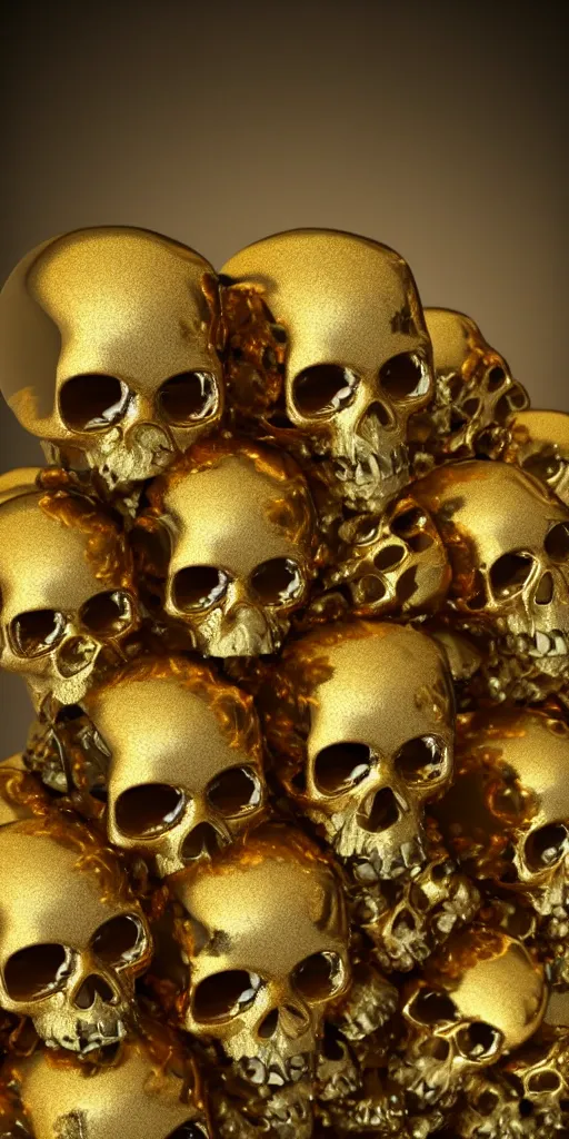 Image similar to many gold skulls stacked on top of each other with flowers and jewerly, photorealistic render, unreal engine, octane render, metallic reflections, physically based rendering, 3 d, dramatic, studio lighting, cinematic, ornate, intricate, highly detailed, 4 k, hd, digital art