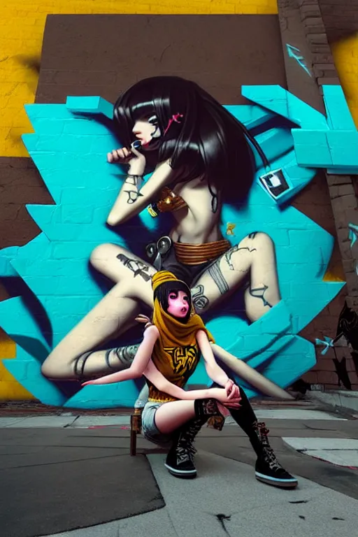 Image similar to punk girl sitting on extreme 3 d graffiti tag mural maximalism by atey ghailan, by greg rutkowski, by greg tocchini, by james gilliard, by joe fenton, yellow, brown, black and cyan color scheme, octane render