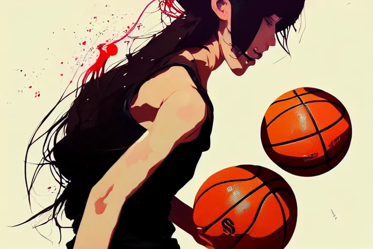 Image similar to a ultradetailed beautiful panting of a woman dribbling a basketball, by conrad roset, greg rutkowski and makoto shinkai, trending on artstation