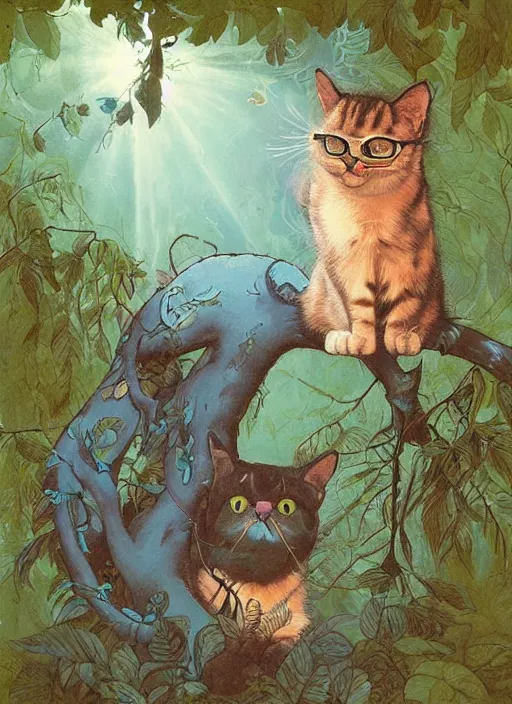 Image similar to a cat with happy lighting and technology jewelry in the woods gorgeous lighting, sunbeams blue sky, lush forest foliage painting by chiara bautista and beksinski and norman rockwell and greg rutkowski weta studio, and lucasfilm