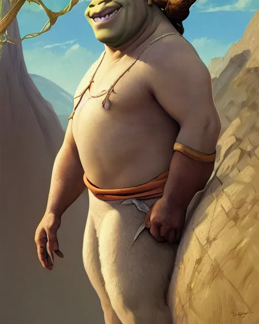 Image similar to beautiful , shrek standing in front of a beach, intricate, stunning, highly detailed, digital painting, artstation, concept art, smooth, sharp, focus, illustration, art by artgerm and greg rutkowski and alphonse mucha