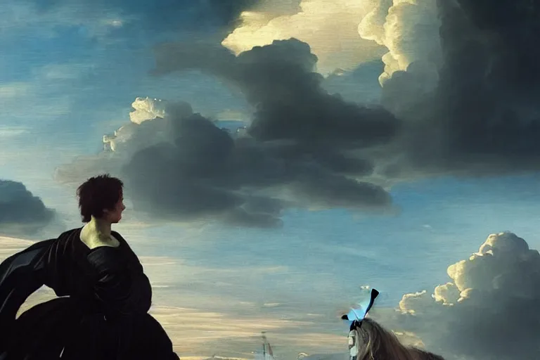 Prompt: a unicorn in the style of Caravaggio, walking across a rainbow. Beautiful clouds, highly detailed. Greg Rutkowski, digital art. Trending on artstation. Dramatic composition and beautiful light.