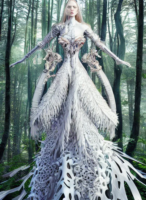 Prompt: a beautiful hyperrealistic ultradetailed 3D, one girl in a magnificent McQueen couture clothes on the background of a futuristic forest, Designer clothes, futuristic clothes, clothes from the future, biopunk, voge photo, fashion style, fullbody, in full growth, intricate, elegant, highly detailed, artstation, concept art, smooth, sharp focus, illustration, art by and greg rutkowski and orientalism and bouguereau, good clear quality, portrait