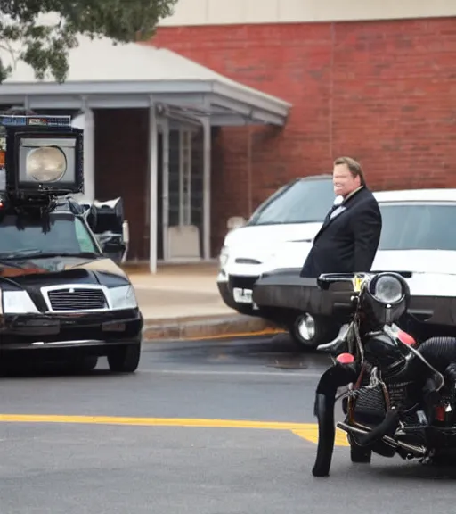 Prompt: Andy Richter is dressed in a black suit and a red necktie and riding a motorcycle into a television studio lot. There are Soundstages and movie caravans on the studio lot. It is a bright afternoon and overcast.