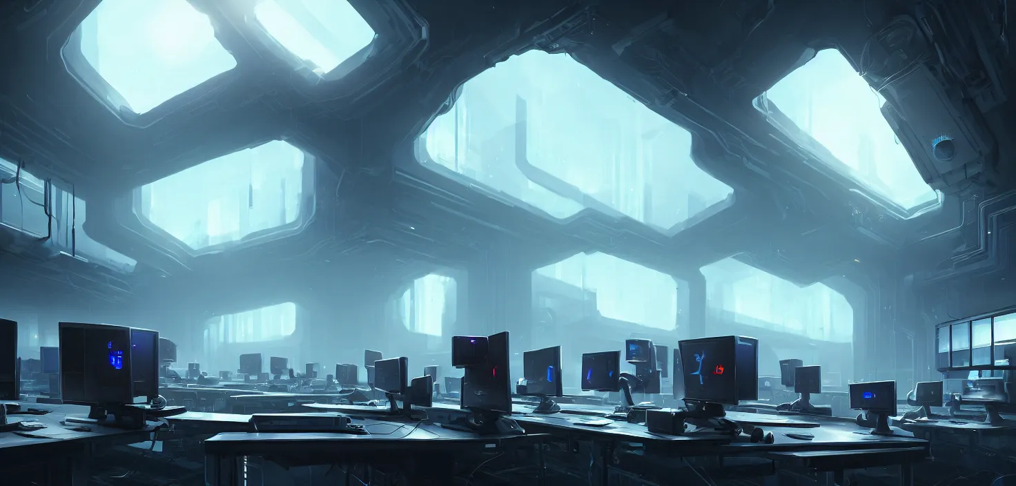 Image similar to hackers hooked directly into computers, wired in, in a highly detailed server room with computers everywhere, cinematic view, epic sky, detailed, concept art, low angle, high detail, warm lighting, volumetric, godrays, vivid, beautiful, trending on artstation, by jordan grimmer, huge scene, art greg rutkowski