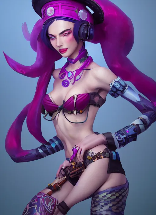 Image similar to jinx the loose canon, from league of legends, hyper detailed, digital art, trending in artstation, cinematic lighting, studio quality, smooth render, fluorescent skin, unreal engine 5 rendered, octane rendered, art style by klimt and nixeu and ian sprigger and wlop and krenz cushart