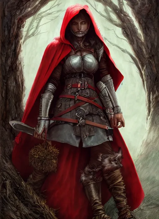 Prompt: digital _ picture _ little red riding hood, the wolf slayer _ filipe _ poles _ and _ justin _ gerard _ symmetrical _ fantasy _ very _ detailed _ realistic _ complex _ clear focus