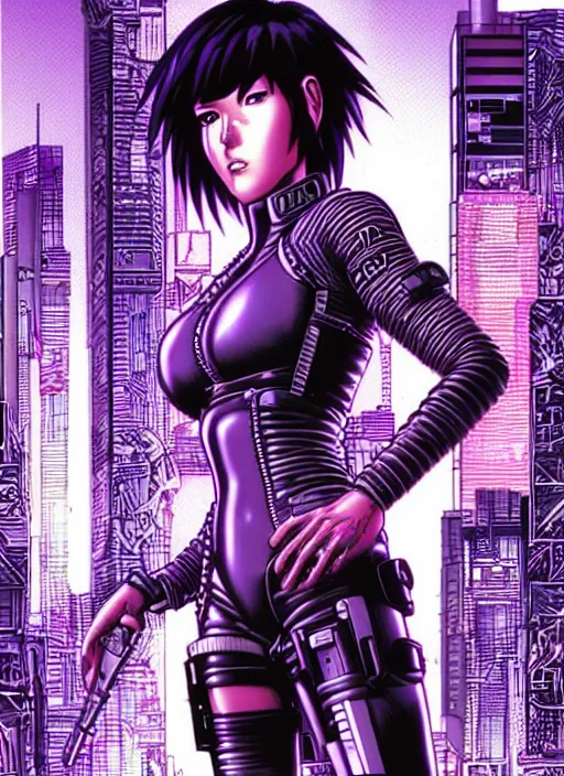 Image similar to motoko kusanagi in grungy cyberpunk megacity, intricate and finely detailed, cyberpunk vaporwave, portrait by j scott campbell