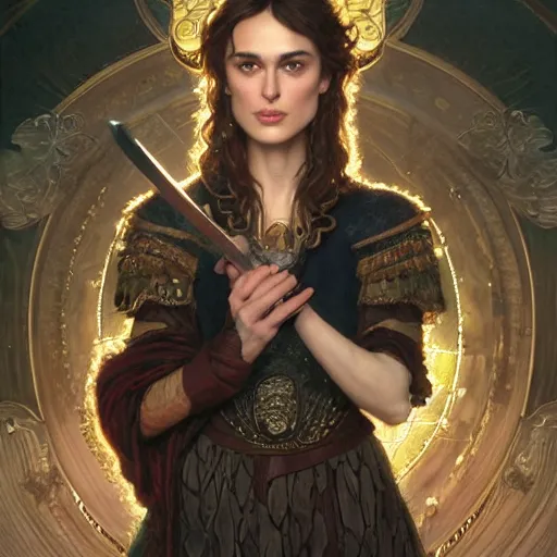 Prompt: Young Keira Knightley with sword and potions drawn by Donato Giancola and Tom Bagshaw, face by Artgerm, overall design by Alphonse Mucha, background by James Jean and Gustav Klimt, light by Julie Bell, 4k, porcelain skin, komorebi, french nouveau, trending on artstation, octane render, hyperrealistic