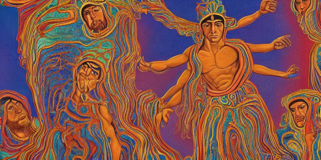 Image similar to an abstract spiritual background, a latino greek god dancing, clear eyes. 2 4 mm, photorealistic, muted color scheme, directed by mati klarwein