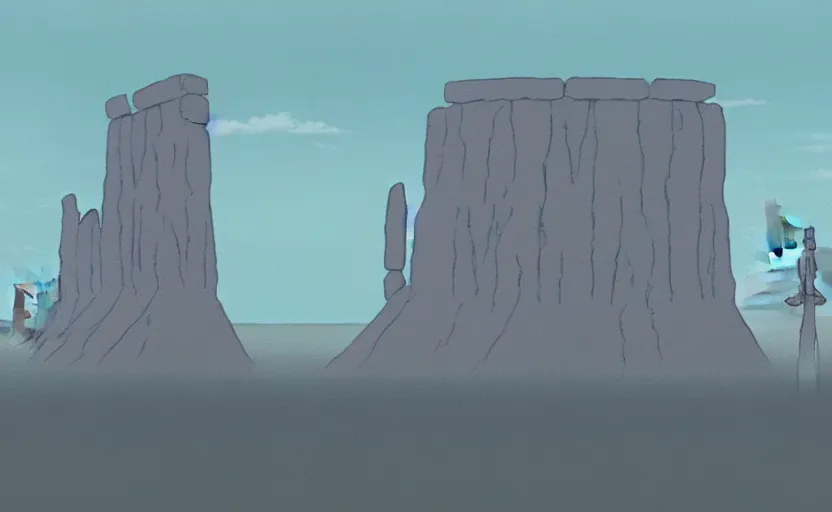 Image similar to a realistic cell - shaded studio ghibli concept art from paprika ( 2 0 0 6 ) of a flying intelligent dull grey mechanical octopus from close encounters of the third kind ( 1 9 7 7 ) in a flooded monument valley stonehenge. very dull colors, wide shot, hd, 4 k, hq