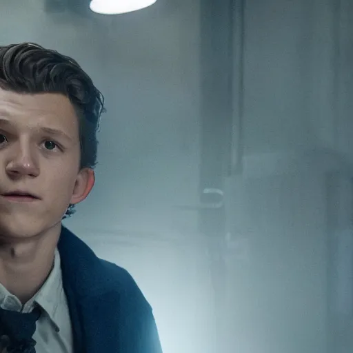 Image similar to tom holland as a rough dirty old man with a scruffy beard in a dark blue trenchcoat as the new doctor who, cinematic, volumetric lighting, f 8 aperture, cinematic eastman 5 3 8 4 film, photorealistic