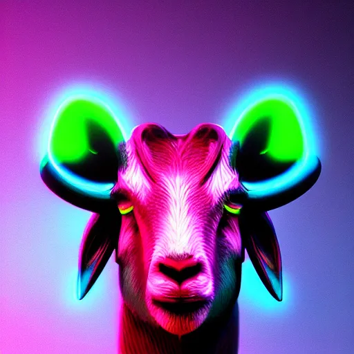 Image similar to synthwave goat face with neon horns, detailed face, sharp focus, synthwave art, aesthetic, octane render