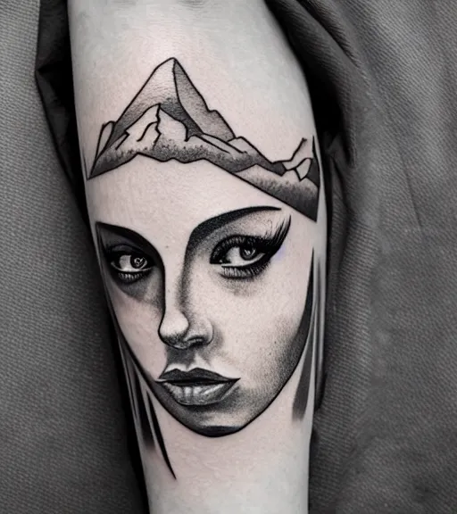 Image similar to tattoo design sketch of a beautiful woman face against a background of beautiful mountains and nature, hyper - realistic, in the style of den yakovlev, amazing detail, black and white