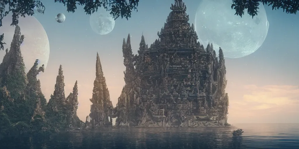 Prompt: a big gold and silver alien temple, with two spires, 6 floors tall, a lake surrounding it, clear lavender sky, three moons and rings in the horizon, lush vegetation, flowers, 8 k, cinematic, artstation, tom badshaw