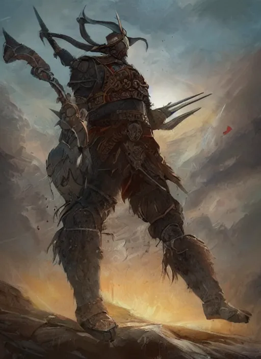 Image similar to warrior inspired a concept art Russian illustrator Roman Papsuev