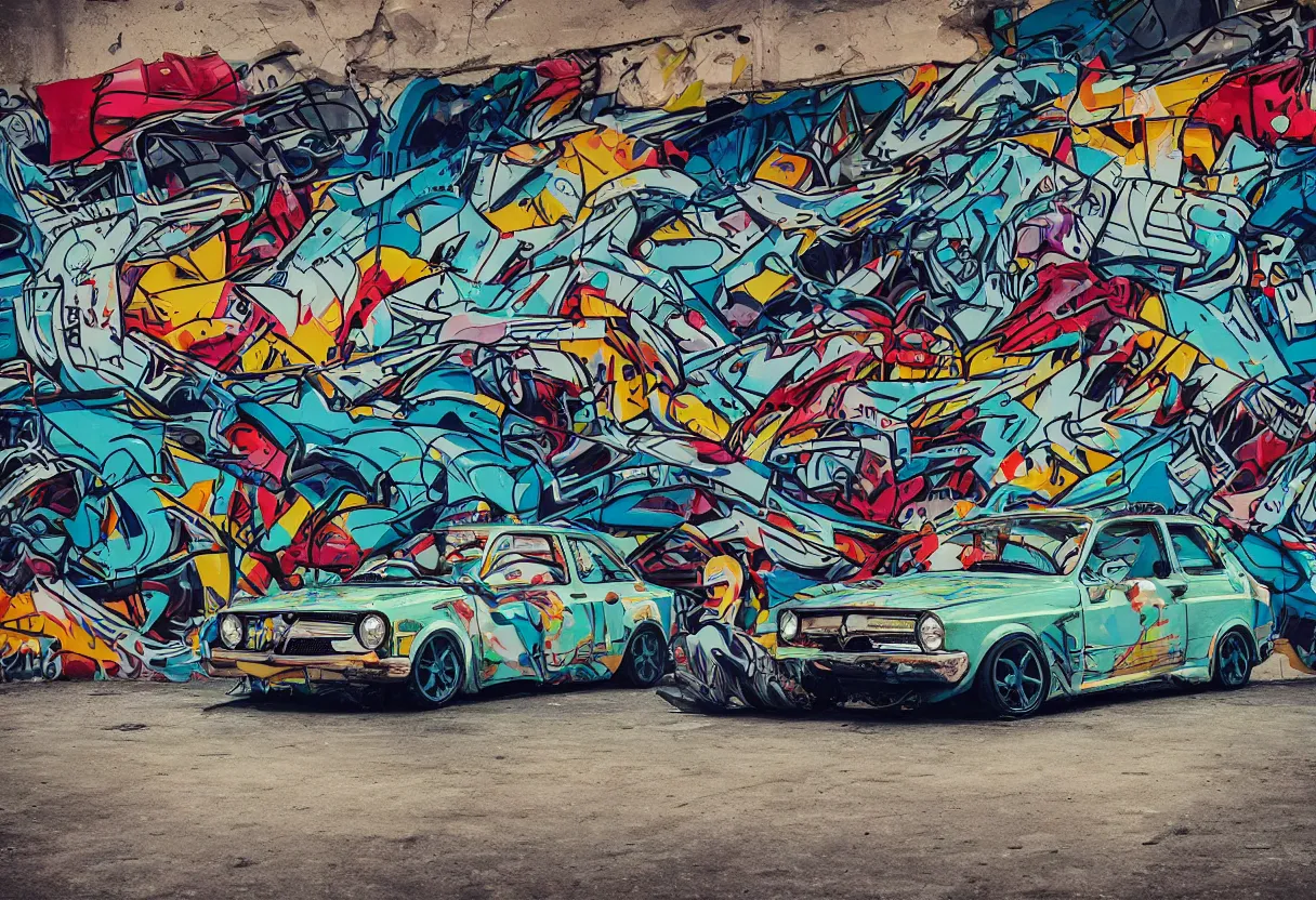 Image similar to yugo car against concrete wall as pop art, matte painting, hyperdetailed, street style, graffiti, illustration, coherent, art nouveau, beautiful render, concept art