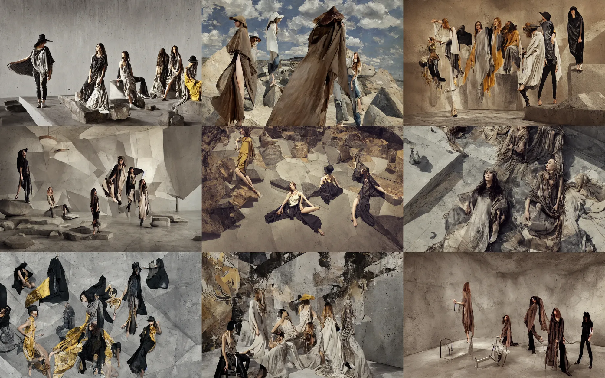 Prompt: concrete hitech interior, levitation, dramatic light, industrial rusty pipes, simple form, brutal shapes, portrait of group of fashionable young womans wearing rich jewerly hat and boho poncho, lying pose on stones, 1970s fashion, Low poly, thunder clouds in the sky, artwork by Joaquin Sorolla and Denis Sarazhin and klimt and rhads and john william waterhouse and van gogh and Dean Ellis and Detmold Charles Maurice