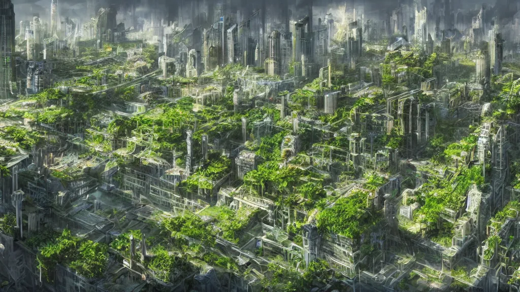 Image similar to an environmental concept art of a lush city in the year 2 0 5 0, highly detailed, realistic