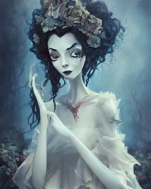 Image similar to elegant mysterious gracious undead victoria everglot from the corpse bride, portrait, illustration, the land of the death, skeletal hand, rim light, top light, summer clear blue sky, perfectly shaded, soft painting, art by krenz cushart and wenjun lin