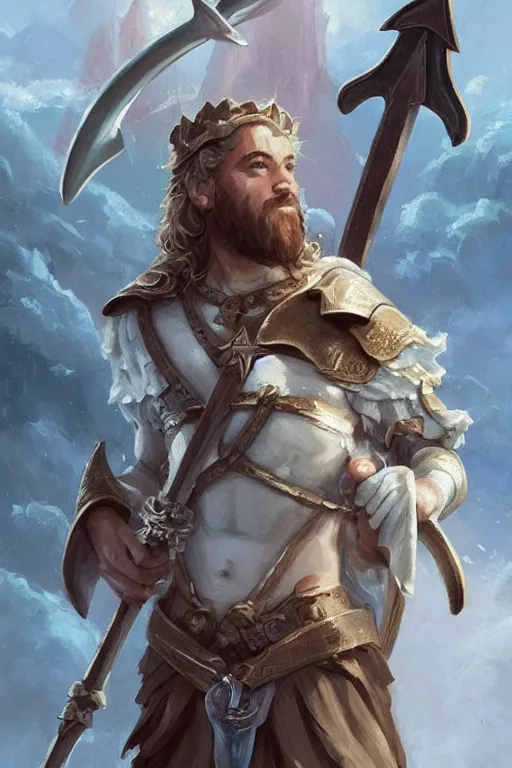 Prompt: Cute Francis pope holding a trident of Poseidon, Francisco pope, tiny, small, miniature pope, papa, short, pale blue armor, cute and adorable, pretty, beautiful, DnD character art portrait, matte fantasy painting, cgsociety Artstation, by Jason Felix by Steve Argyle by Tyler Jacobson by Peter Mohrbacher, cinematic lighting