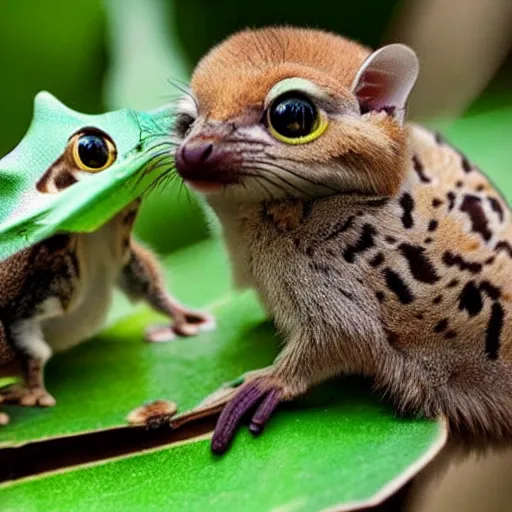 Image similar to Super cute animal combination of Margay, Gecko, Tarsier, Sugar glider, Sand cat, Bee hummingbird, Pygmy hippopotamus , Leafy sea dragon, Elephant Shrew, Klipspringer, Fennec Fox, Tawny frogmouth, Quetzal and Star-nosed mole