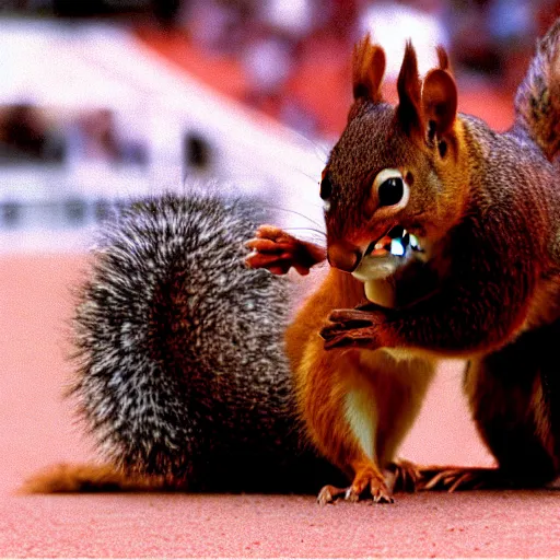 Prompt: a realistic squirrel wrestling at 1 9 8 0 s wrestlemania movie still