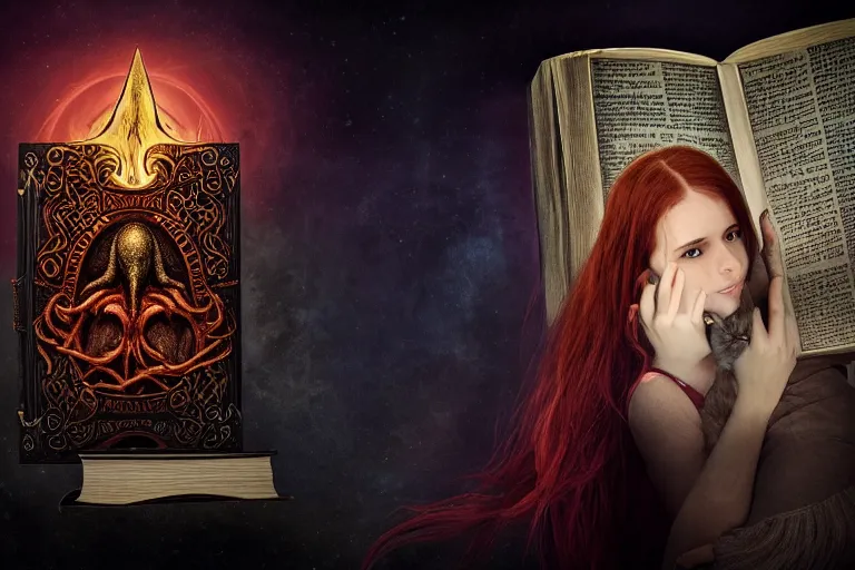 Image similar to romantic photo of bright girl, her cat and her book of necronomicon, symmetrical, cinematic, real dlsr photography, sharp focus, 4 k, ultra hd, sense of awe, sinister demonic atmosphere, dreadful, forbidden knowledge, old gods, cthulhu, yog - sothoth! yah, yah, yah! cultist journal cover